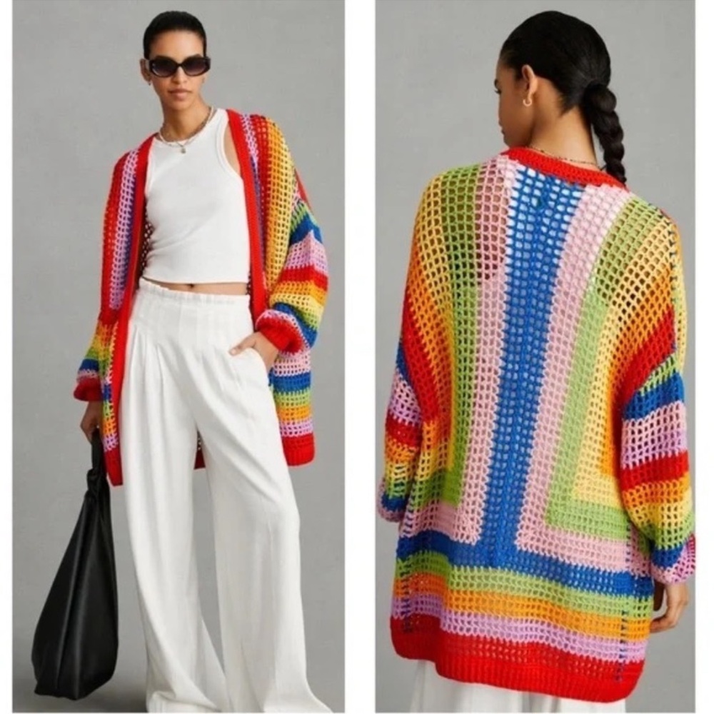 NWOT FARM Rio Multicolor Crochet Cardigan Sweater, such a Happy Sweater! Size XS